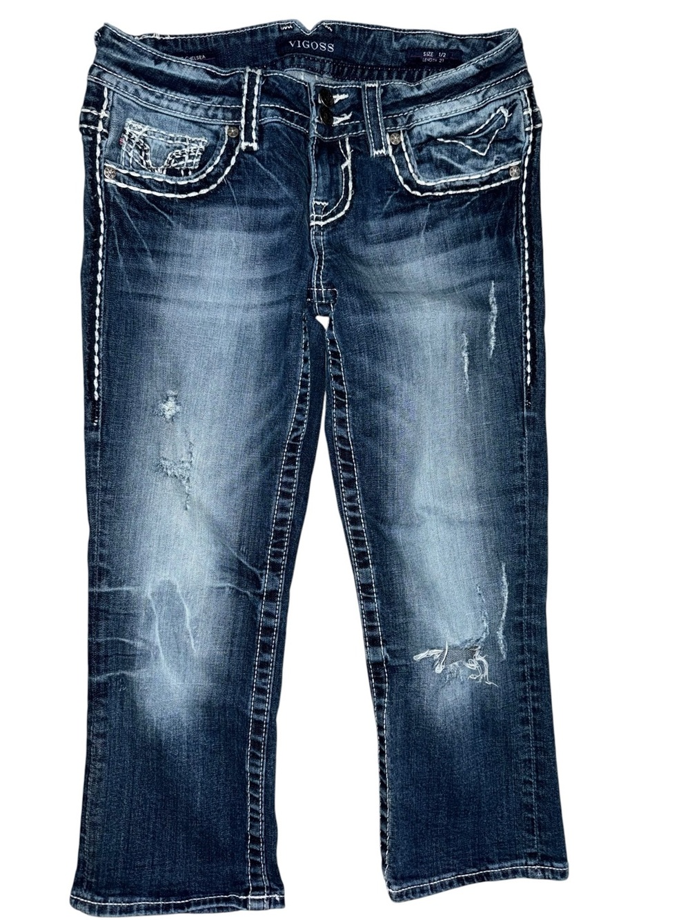 Vigoss Chelsea Capri Jeans Women’s 1/2 30x22 Medium Wash Distressed Stretch